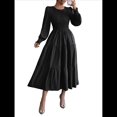 thumbnail image 2 of Vestido de Otoño para Invitada de Boda, con Mangas Largas, Volantes, Cuello Redondo, y Fluido. Negro M, 2 of 7