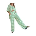 thumbnail image 3 of VISgogo, traje de 2 uds con pantalones para mujer, blusa con solapa abotonada de manga corta estampada, pantalones largos sueltos con cintura de tirantes, ropa informal de verano para mujer VISgogo  moda, 3 of 9