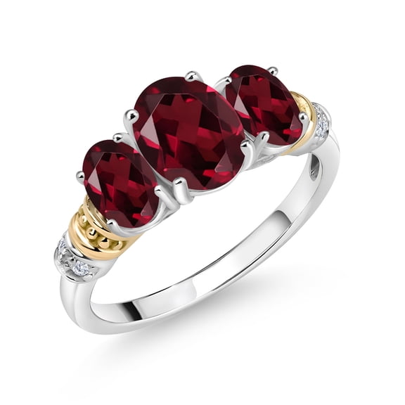 Gem Stone King 925 Sterling Silver and 10K Yellow Gold Oval Red Rhodolite Garnet and White Diamond 3 Stone Ring for Women (2.38 Cttw, Gemstone January Birthstone, Size 8)