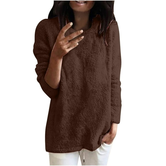 WREESH Womens Fashion Sweatshirt Fuzzy Casual Crewneck Sweatshirt Solid Color Pullover Loose Fit Long Sleeve Tops T-Shirt Blouse Casual Pullover Tops Brown