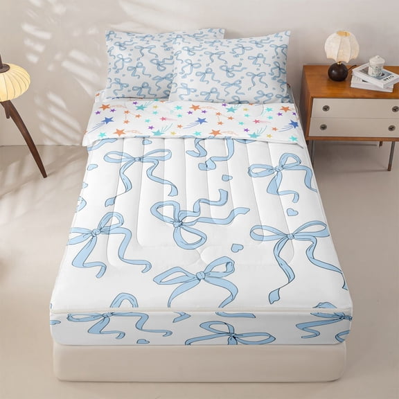 Manfei Blue Girly Bow Zipper Twin Comforter Sets with Fitted Sheet and 2 Pillowcases For Girls,Cartoon Heart Print Zipper Bedding Set For Kids,Colorful Stars Reversible,4 Pieces