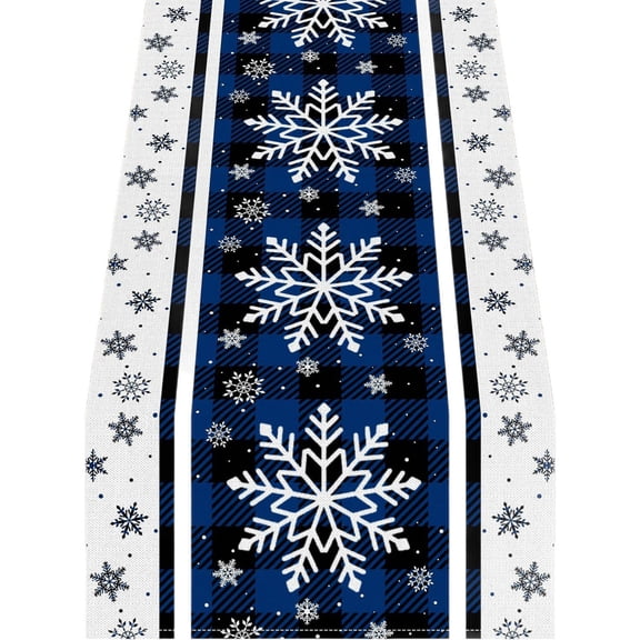 91.8"x 13" Buffalo Plaid Snowflakes Blue Christmas Table Runner, Seasonal Winter Kitchen Dining Table Decoration for Home Party Decor (L)