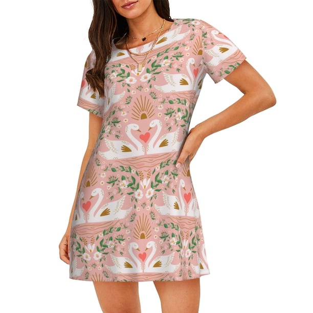 Balery Swan Couple Camisón de manga corta con cuello redondo para mujer, cómodo y elegante.