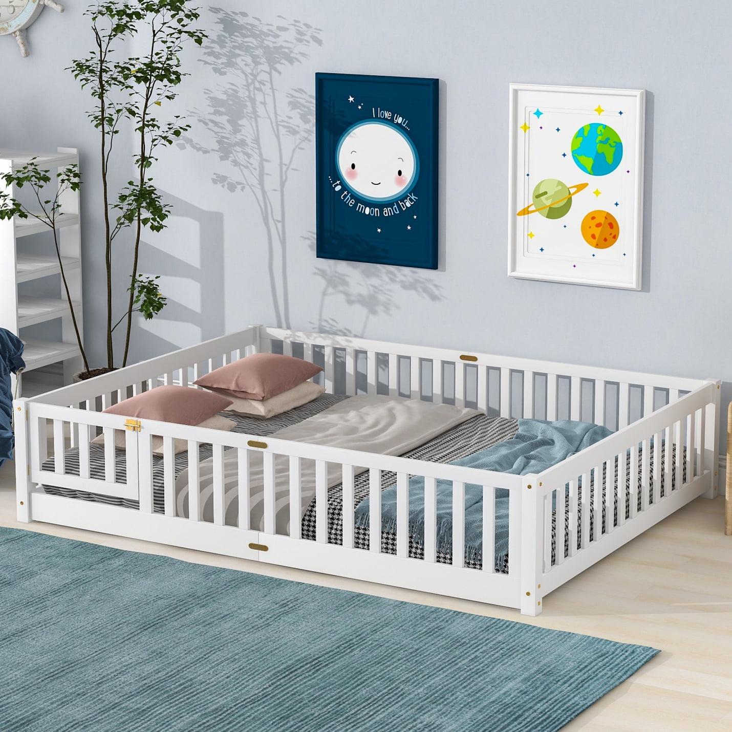 Queen Size Floor Bed with Fence for Kids, Wood Montessori Toddler Bed Frame with Door and Slats Support, Queen Size Platform for Girls and Boys, White