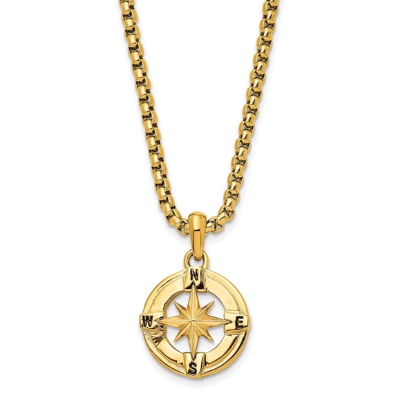 Diamond2Deal Stainless Steel Polished Yellow IP-plated Compass Pendant on a Box Chain Necklace for Men 22"