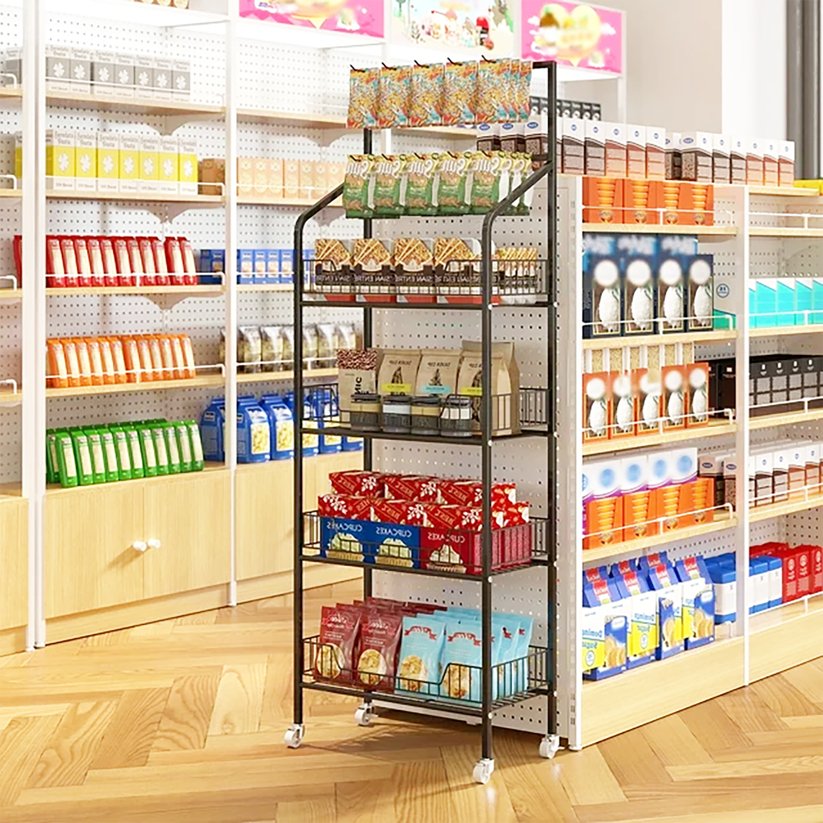 IAJXWI Heavy-duty 4 Tier Retail Display Rack, Metal 56.3" Height Storage Shelf, Candy Snack Rolling Display Shelves with 10 hooks