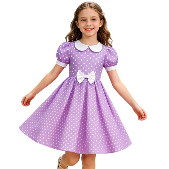 Girls Cute Dresses Polka Dot Dress with Collar, Short Sleeve A-Line Party Dress, Casual Formal Outfit for Kids 4-10Y