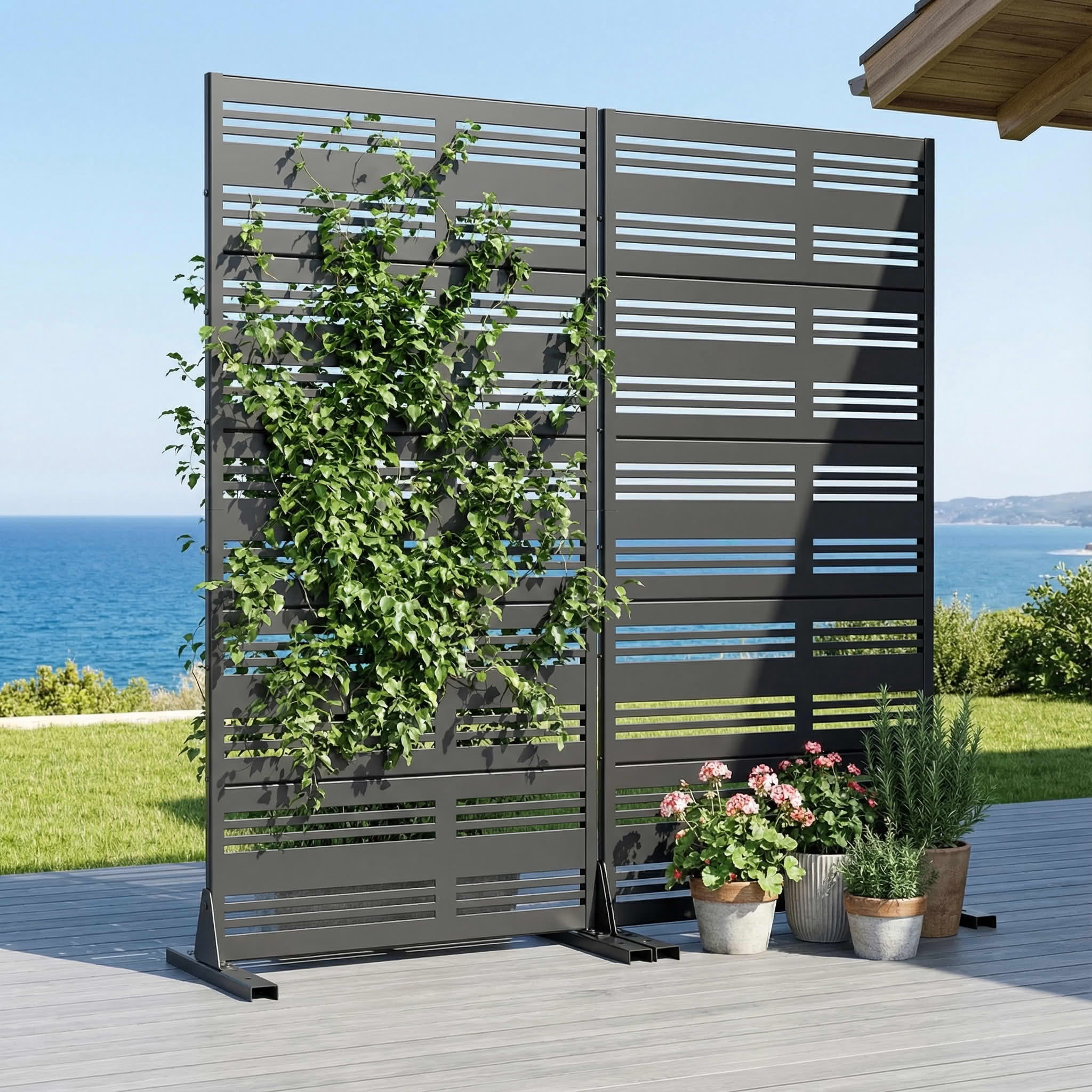 MAYEERTY 2-Piece Outdoor Privacy Screen Metal Fence - 5ft Black, 5-Panel Wide-Narrow Louvered, Weatherproof for Balcony