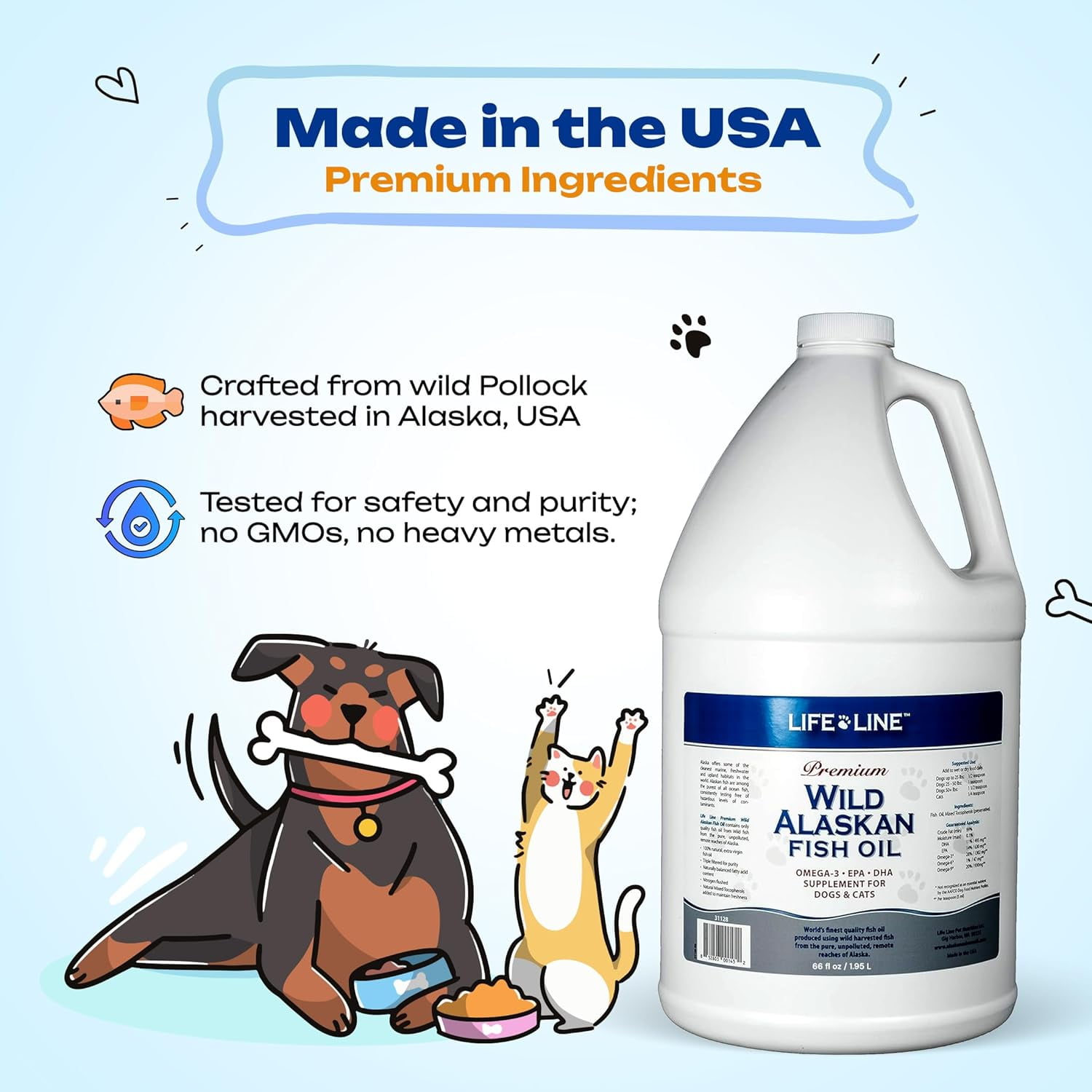 Life Line Pet Nutrition Wild Alaskan Fish Oil Omega-3 Supplement for Skin & Coat – Supports Brain, Eye & Heart Health in Dogs & Cats, 66oz