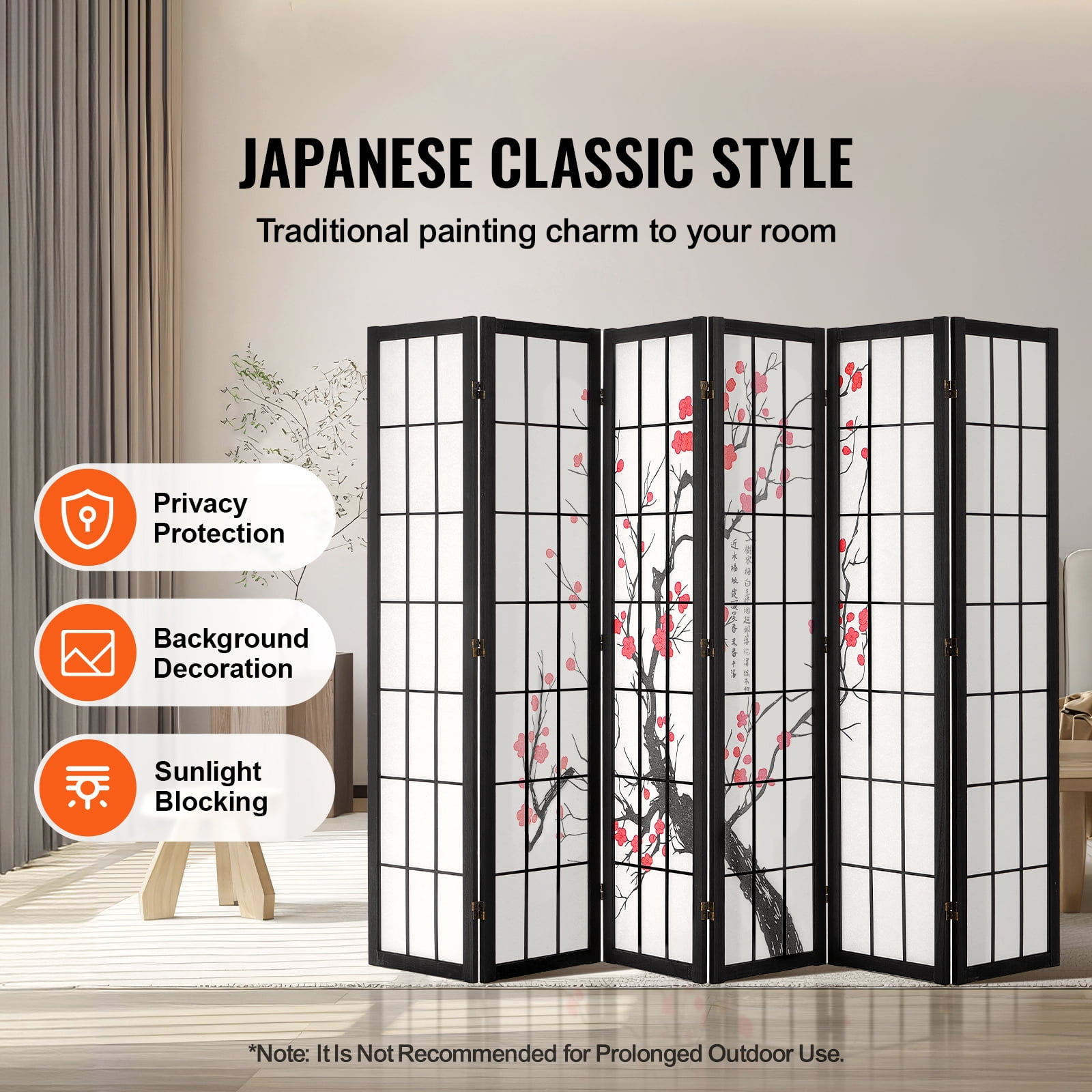 KFFKFF Partition Screen, 6-Section Indoor Privacy Barrier, Foldable Wooden Room Separator, Japanese-Style Portable Decorative Divider, Ideal for Living Space, Workspace, Dining Area