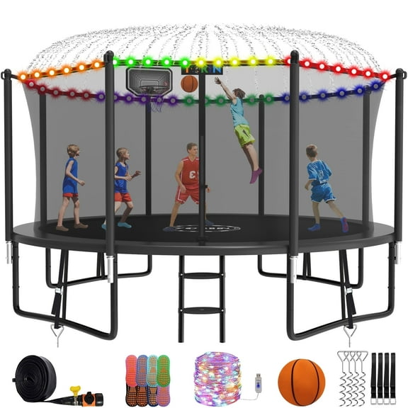 YORIN Trampoline, 14FT Trampoline for 6-7 Kids Adults with Enclosure, 1400LBS Outdoor Trampoline with Basketball Hoop, Sprinkler, Light, Socks, Ladder, Galvanized Anti-Rust Coating Trampoline