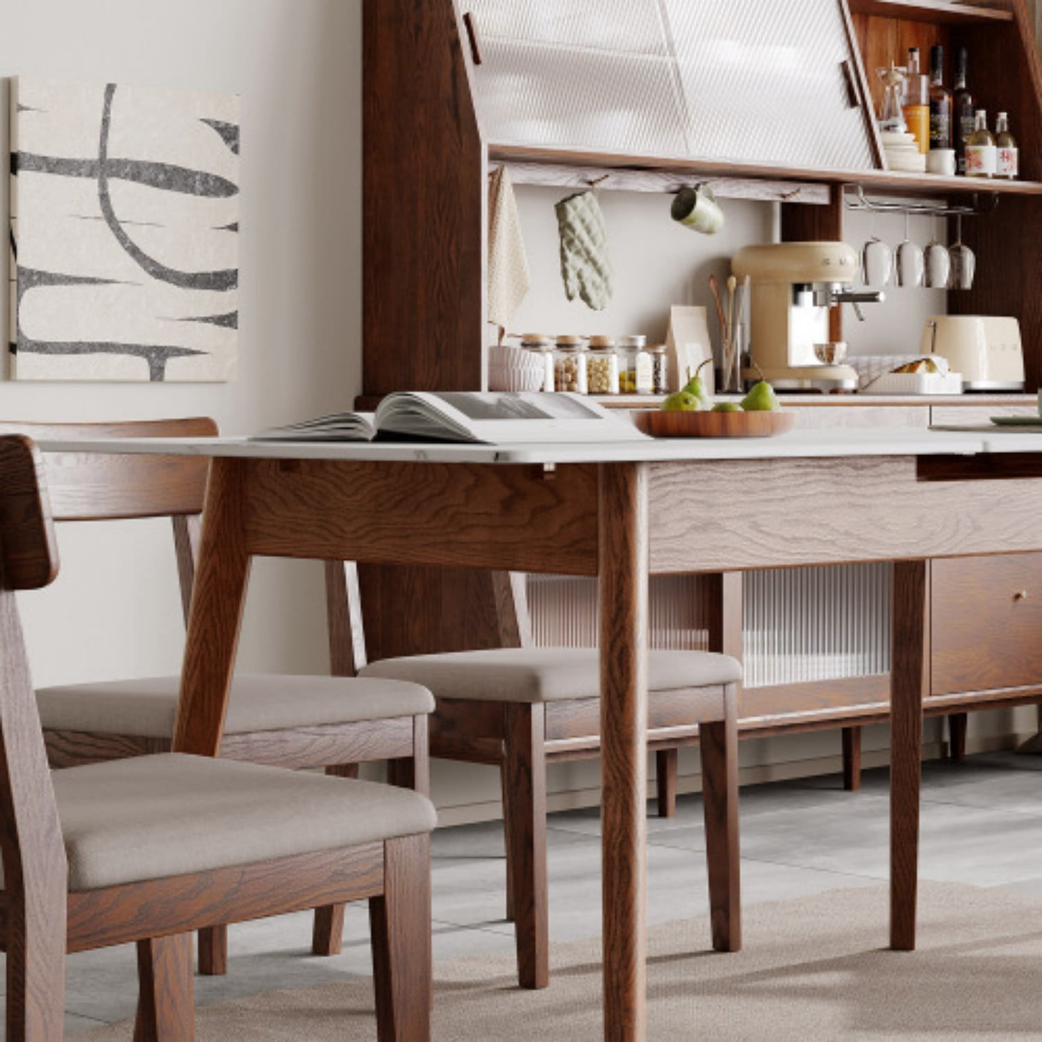 Extendable Solid Oak Dining Table, 47.2"-59.1" Modern Farmhouse Wood Kitchen Table with White Sintered Stone Top, Seats 6-8, Walnut