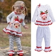 thumbnail image 2 of Mercatoo 2Pcs Toddler Baby Girls Christmas Outfits Clothes Deer Long Sleeve Ruffle Top + Striped Flared Pants Kids Set, 2 of 9