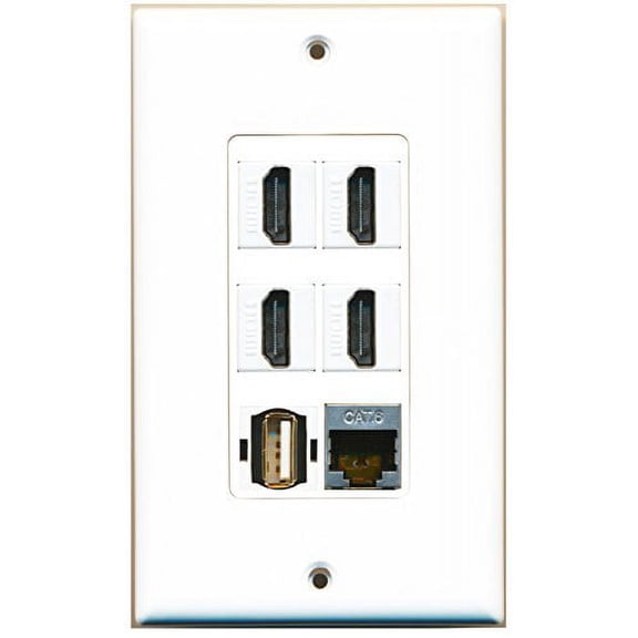 RiteAV - 4 Port HDMI 1 USB A-A 1 Shielded Cat6 Ethernet Wall Plate Decorative