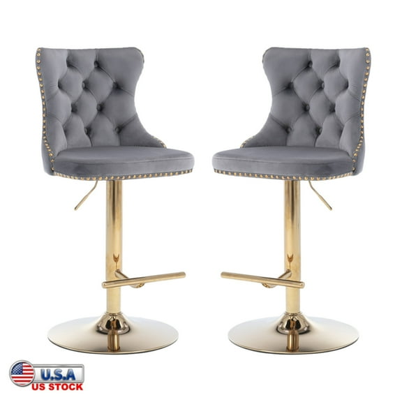 Tcbosik Set of 2 Swivel Barstools, 42.1"-49.9" Height Adjustable Bar Stools with Gold Legs, Upholstered Velvet Counter Chairs with Tufted Button Back for Home Pub, Kitchen Island, Gray