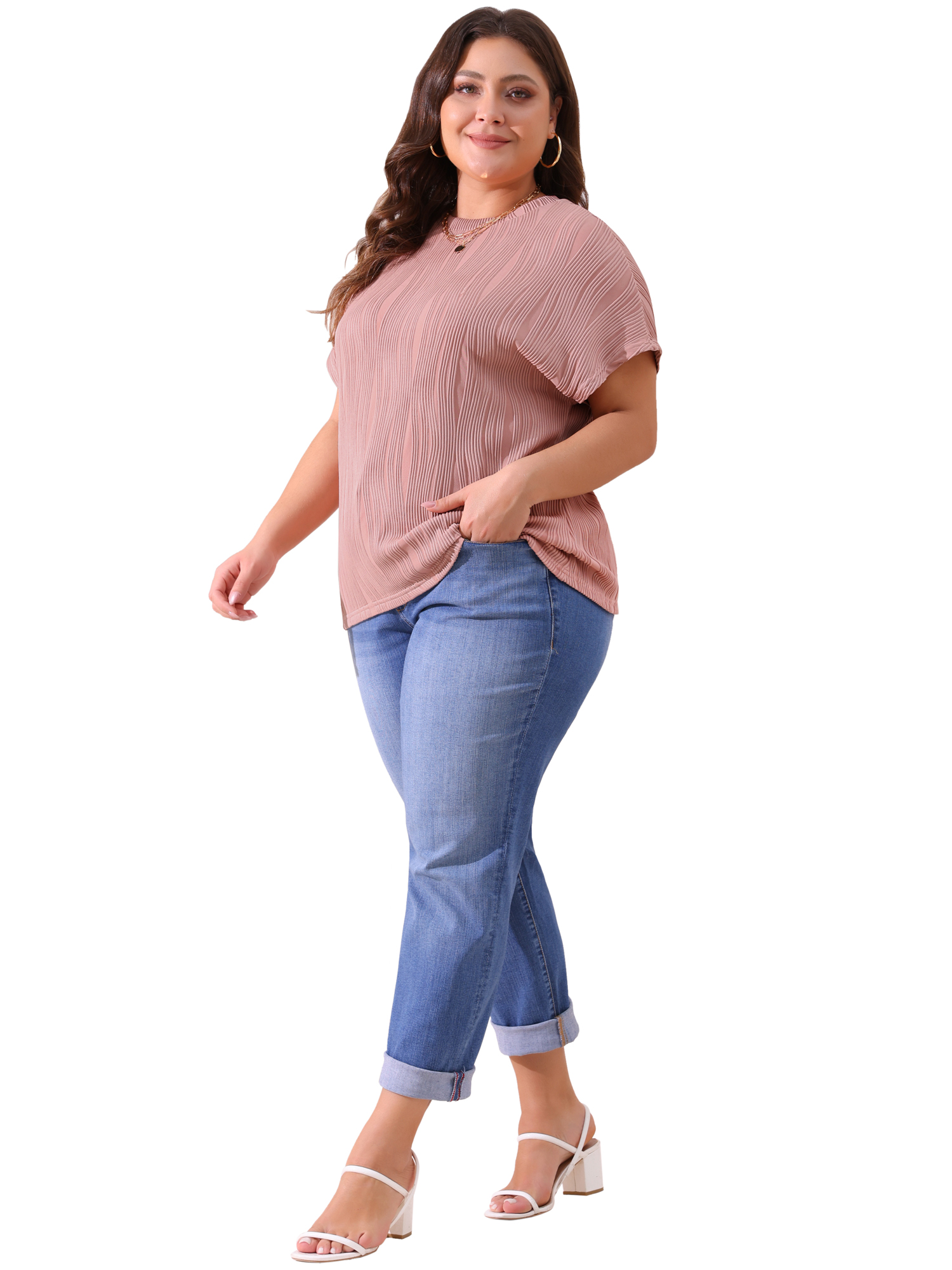 Women's Plus Women's Short Sleeve Textured Tops Crewneck Casual T Shirts 1X Pink