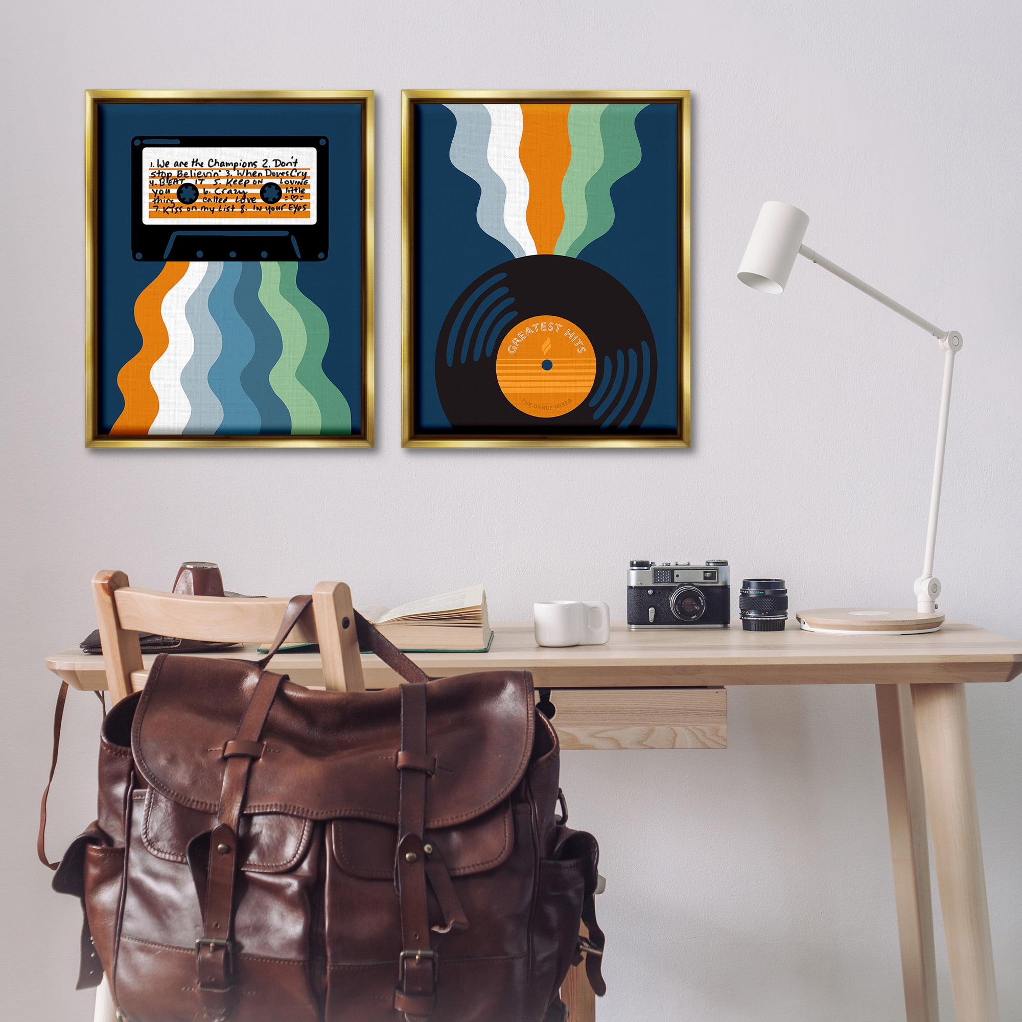 Stupell Industries Retro Music with Stripes Abstract Painting Gold Floater Framed Canvas Art Print Wall Art, 25 x 31, Set of 2