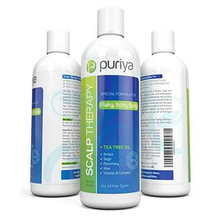 Puriya Natural Dandruff Shampoo (16oz) with Potent Tea Tree, Vitamin & More. Combats itchy, Flaky & Dry