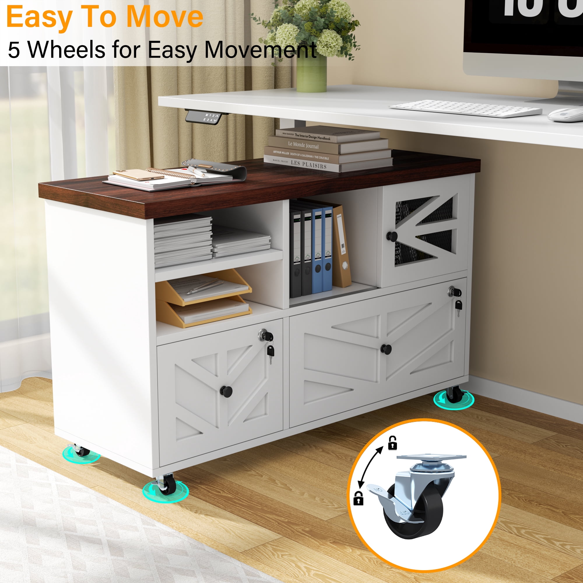 File Cabinet with 2 Lockable Drawers, ETASE Farmhouse Filing Cabinet with Sliding Door and Storage Shelf, Print Stand for A4/Letter, Storage Cabinet for Home Office, White