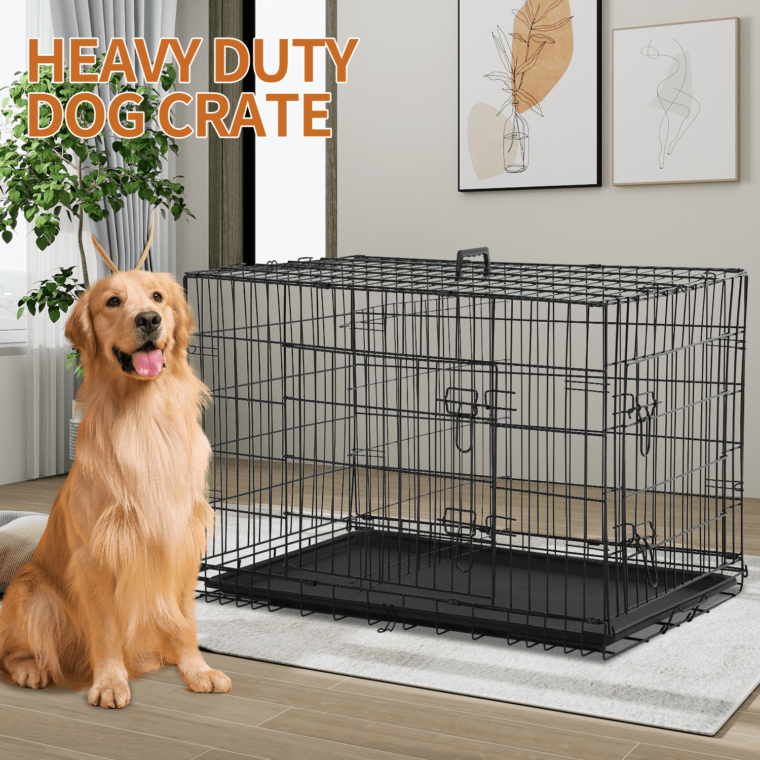 Dkelincs 48 inch Large Dog Crate Portable Foldable Dog Cage with 2 Doors, Handle, Plastic Tray, XXL Dog Kennel for Medium Large Puppy, Black