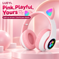 thumbnail image 2 of LUEYL Cat Ear Bluetooth Headphones for Kids, LED Lights, Built-in Mic, Foldable Over-Ear Headset with 3.5mm Wired Option for Music and Travel, Pink, 2 of 8
