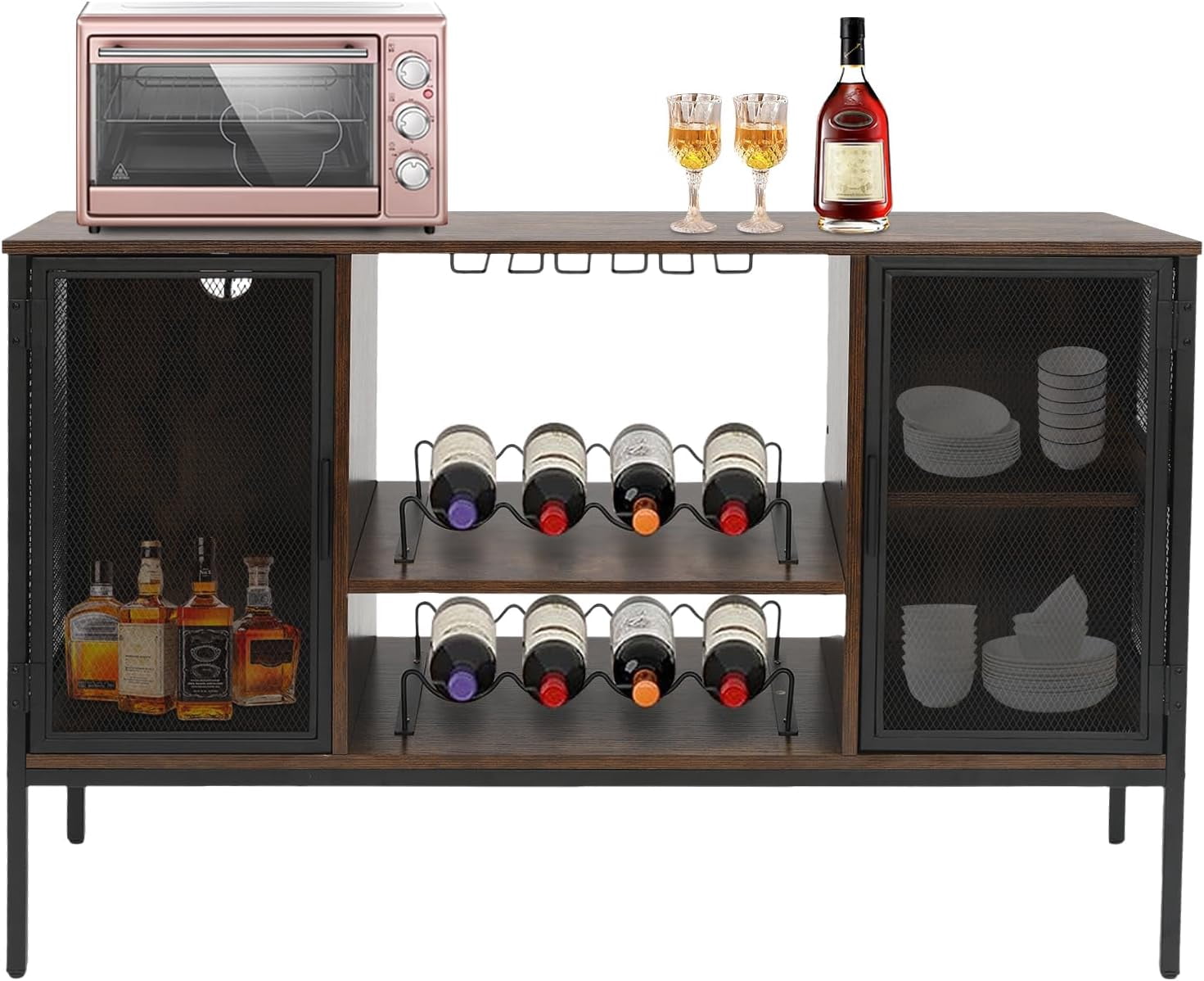 Wine Bar Cabinet with Built-in Outlets, Industrial Bar Cabinets for Liquor and Glasses, Farmhouse Mini Coffee Bar Liquor Cabinet Bar for Home with Removable Wine Racks, Brown