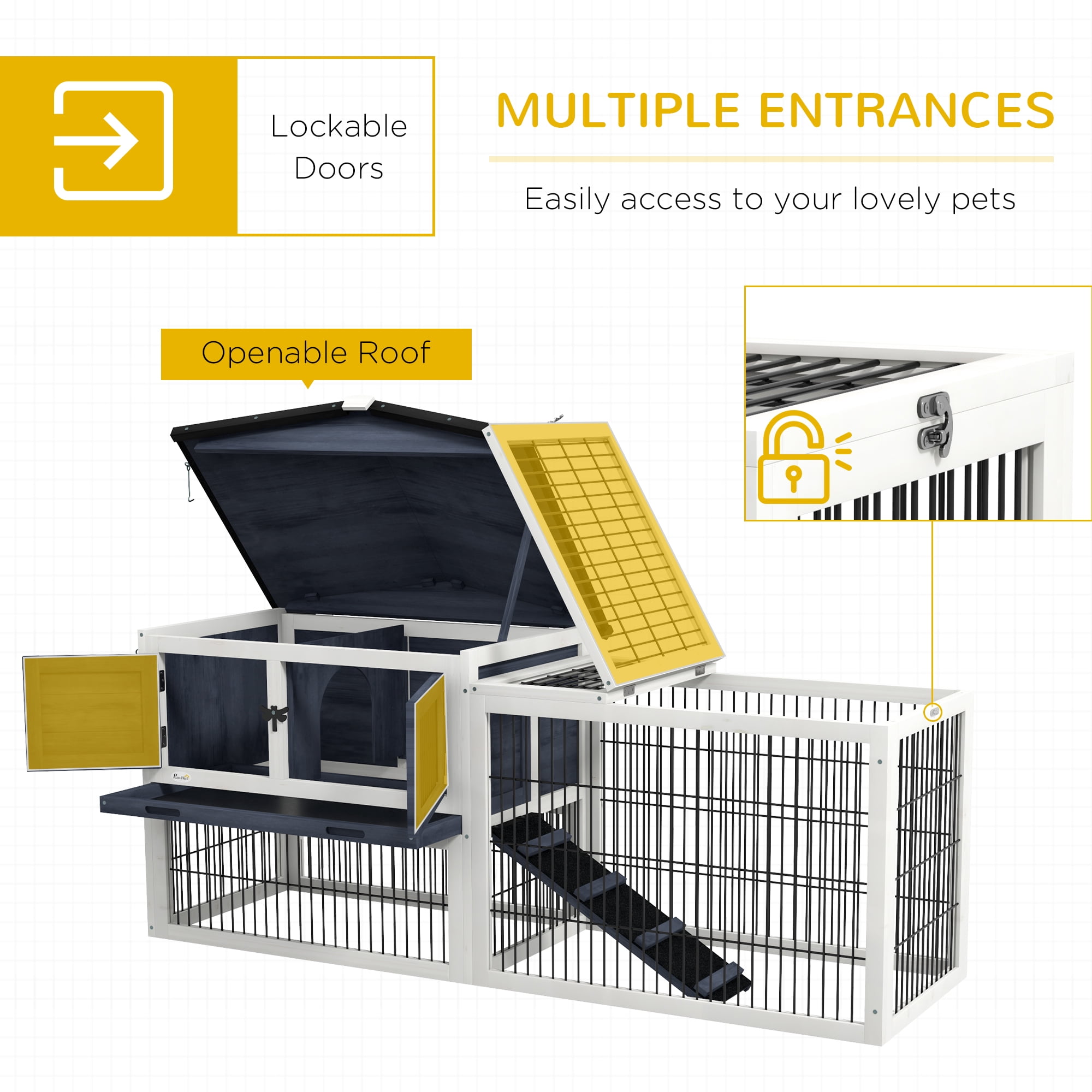CoSoTower 2 Levels Outdoor Rabbit Hutch with Openable Top, 59" Wooden Large Rabbit Cage with Run Weatherproof Roof, Removable Tray, Ramp, Dark Gray