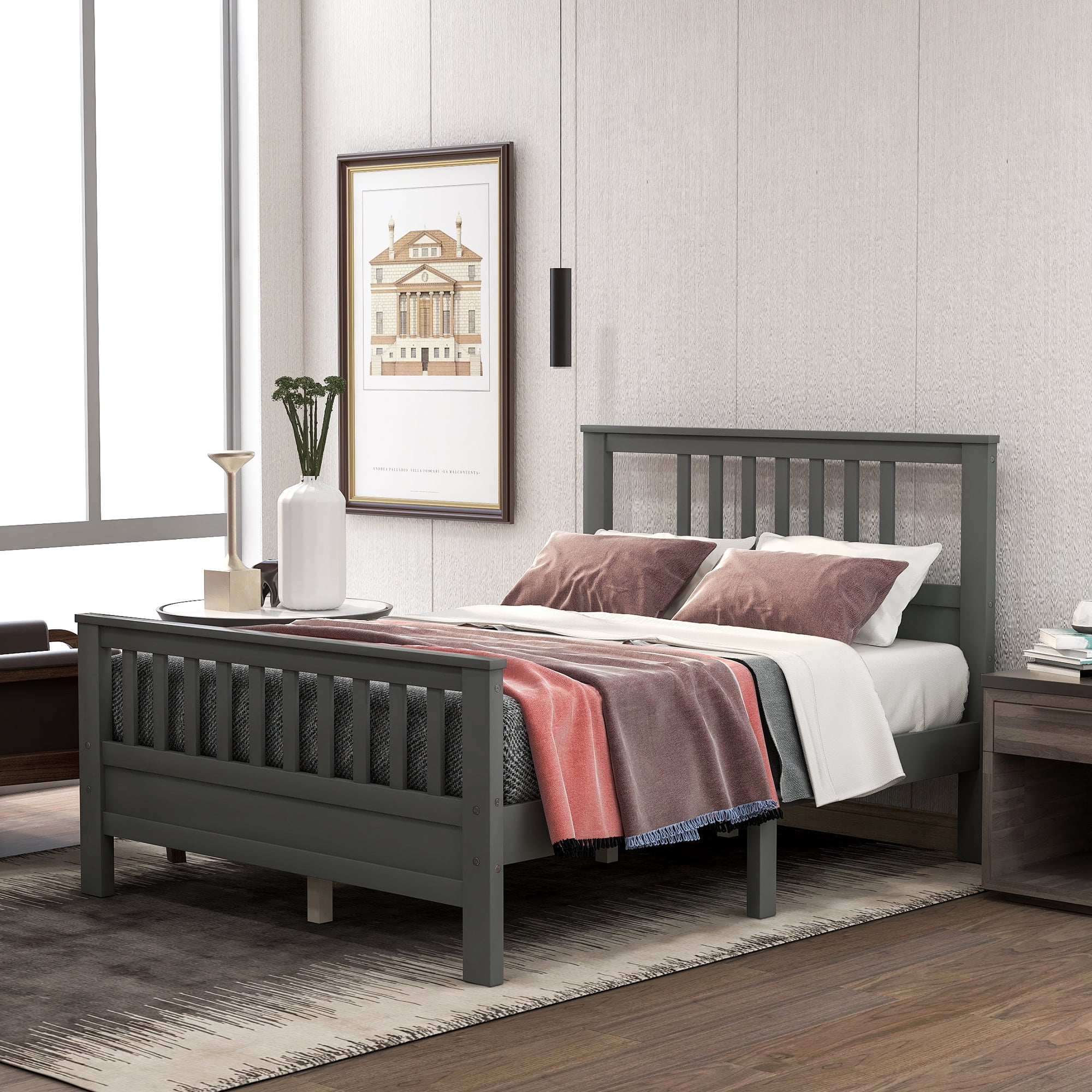 Euroco Wood Platform Bed With Headboard, Full Size Wooden Platform Bed Frame