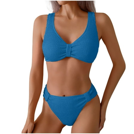 2025 Women s Twist Front Bathing Suit Textured High Waisted Summer Swimsuit Bikini Set Solid Color Cheeky Swimwear