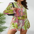 thumbnail image 3 of Robe Plissée Mini pour Femmes Imprimé Floral Col en V Profond Robe d'Été Manches Longues avec Cordon de Serrage Robe Chemise Clubwear Noir Floral S, 3 of 7