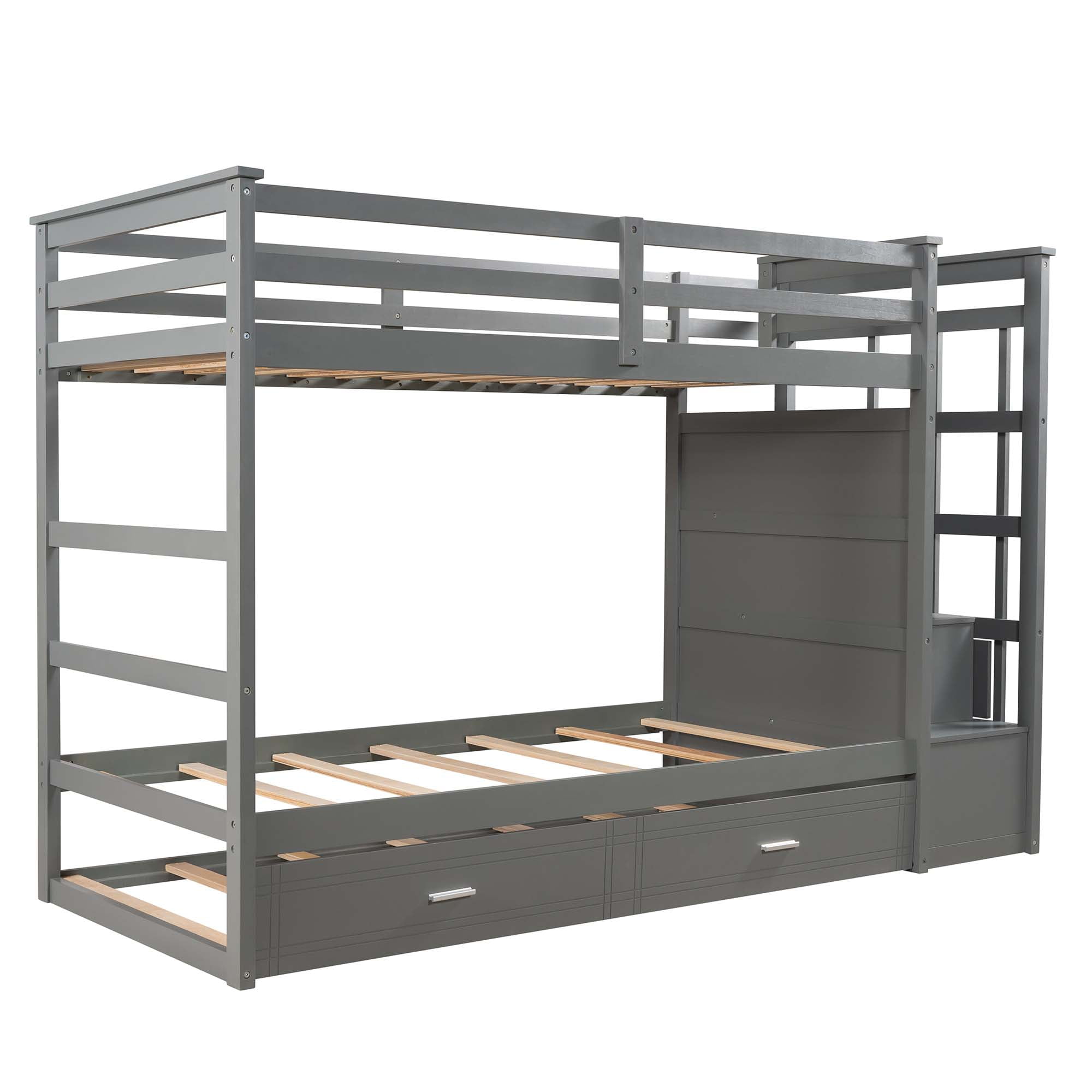 Aukfa Twin over Twin Bunk Bed with Trundle and Staircase, Wood Bunk Bed with 4 Storage Drawers for Kids, Teens - Gray