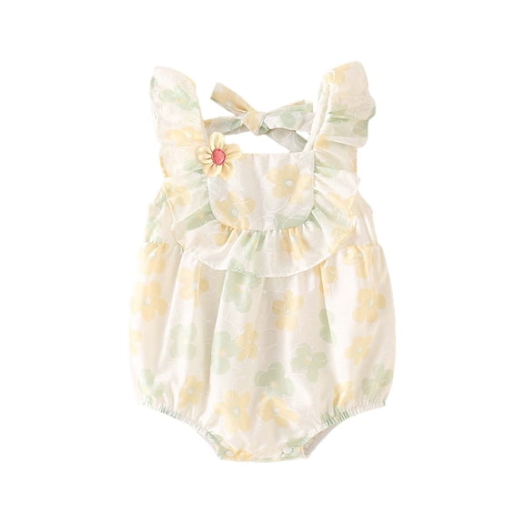 REDARER Girls' Peach Floral Print Romper Ruffle Sleeveless Back Bow Tie with 3D Flower Cotton Bodysuit Summer Outfit,0-3 Months