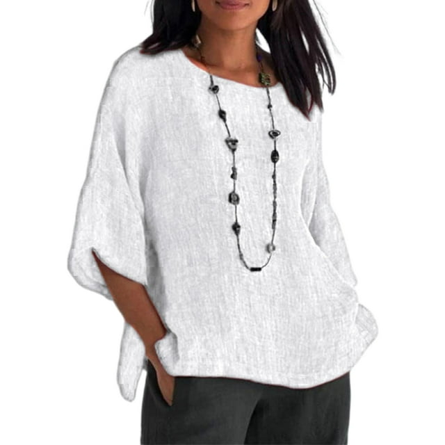 Avamo T-shirt Femme Couleur Unie Col Rond Hauts d'Été Tee Doux Chandail de Vacances Blanc P