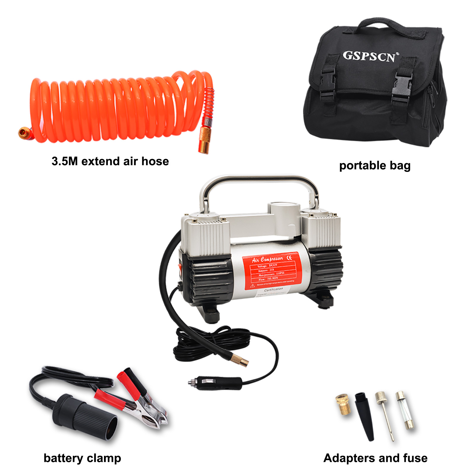 GSPSCN Portable Tire Inflator Heavy Duty Double Cylinders Metal 12V Air  Compressor Pump 150 PSI with Adapter for Car, Truck, SUV Tires, Dinghy, Air  Bed Etc