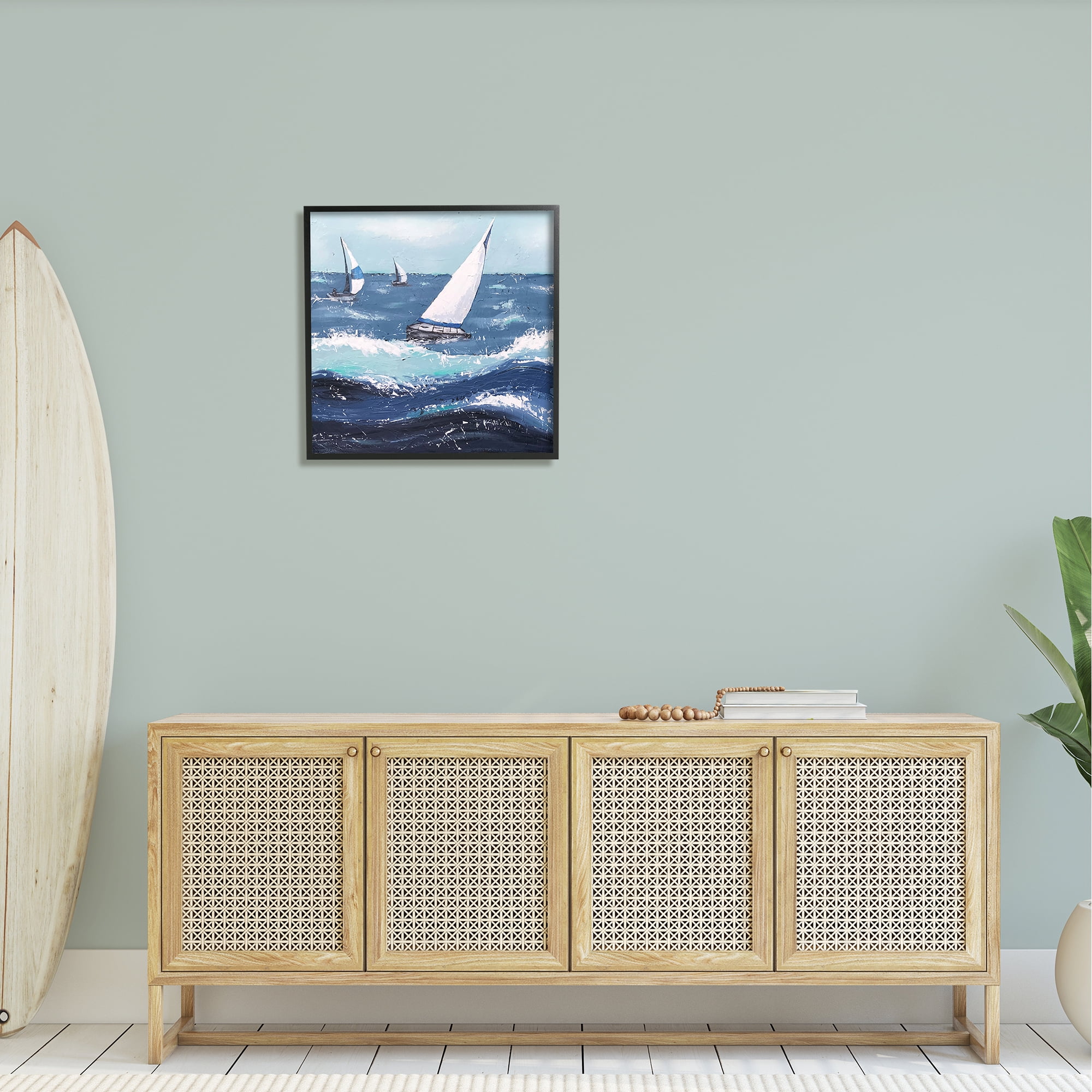Stupell Rough Ocean Waves Sailing Boats Landscape Painting Black Framed Art Print Wall Art