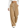 thumbnail image 3 of Women's Wide Leg Pants, Mid Rise Loose Pants with Elastic Waist, Drawstring and Pockets, Hiking Jogging Work Wear | VerBelle,Khaki 2XL, 3 of 8