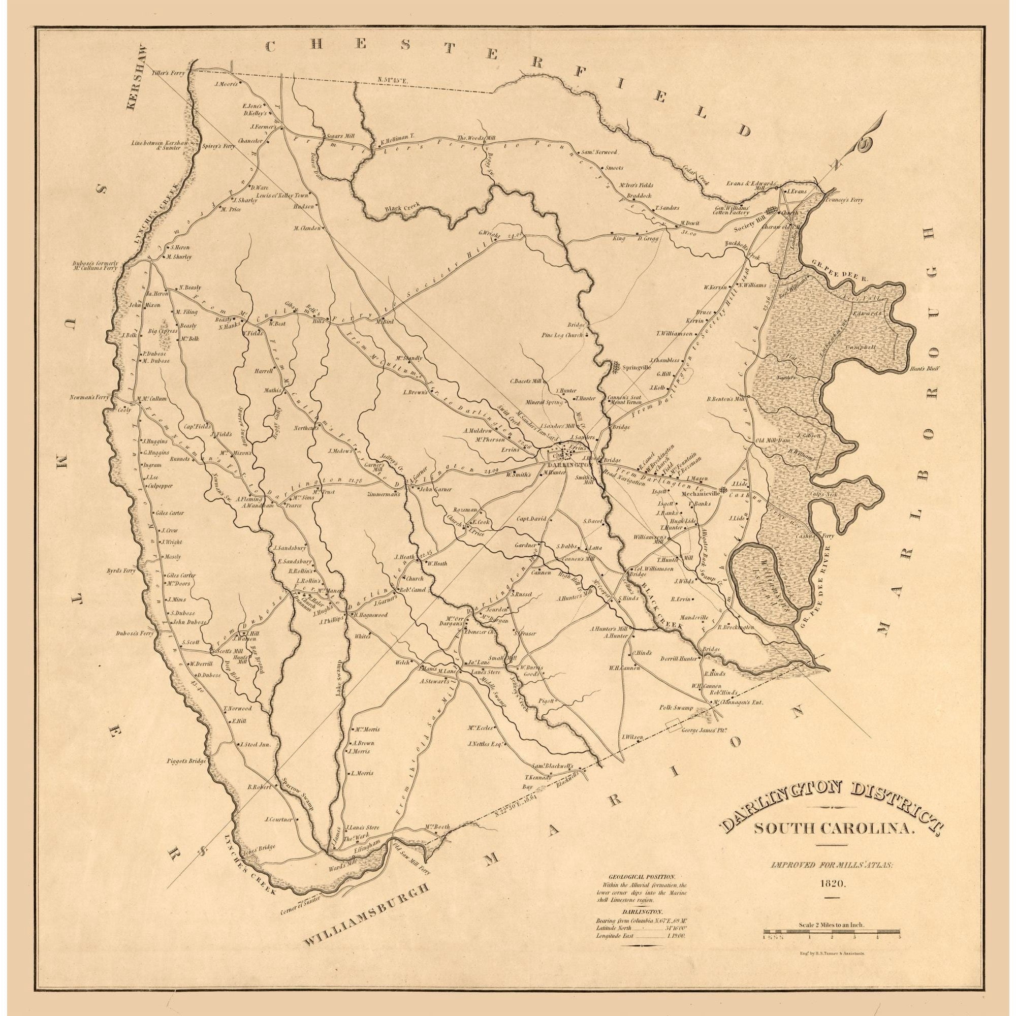 Historic County Map - Darlington County South Carolina - Tanner 1825 - Vintage Wall Art