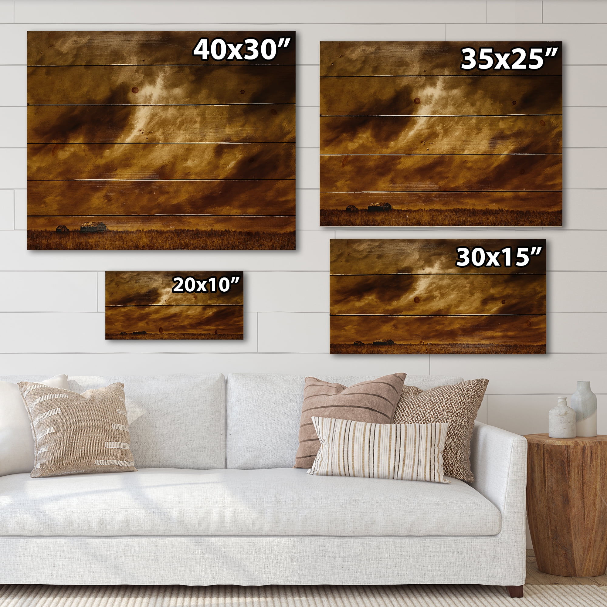 Designart 'Desert Farmhouse Under Cloudy Sky II' Farmhouse Print on Natural Pine Wood
