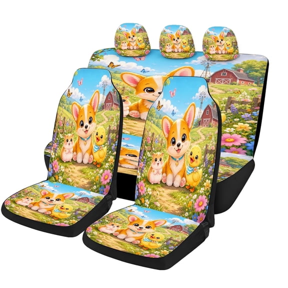 Verolix 5-Piece Cute Puppy Farm Garden Car Seat Covers, Mesh Fabric Universal Fit Front and Rear Seat Protectors for Cars SUVs Trucks Vans