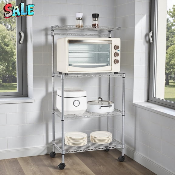 Tcbosik 4-Tier Kitchen Microwave Stand with Wheels, 47.24"H Carbon Steel Storage Wire Shelving Unit, Space-Saving Baker’s Rack Organizer, Silver