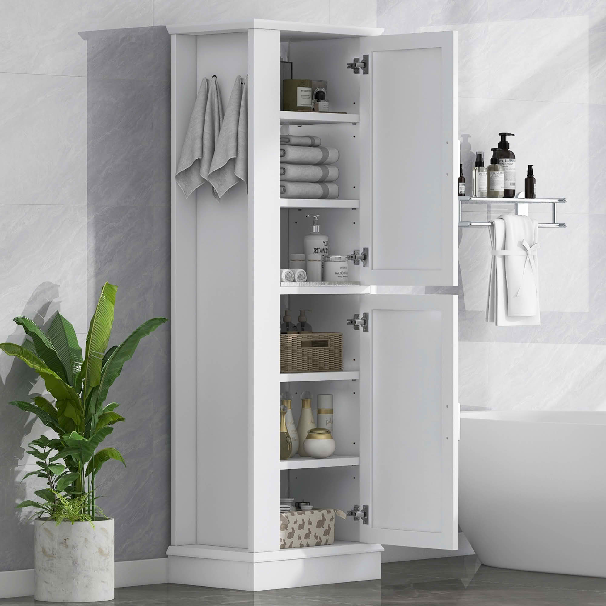 MAYEERTY Tall Bathroom Cabinet Freestanding Hook Adjustable Shelf MDF White