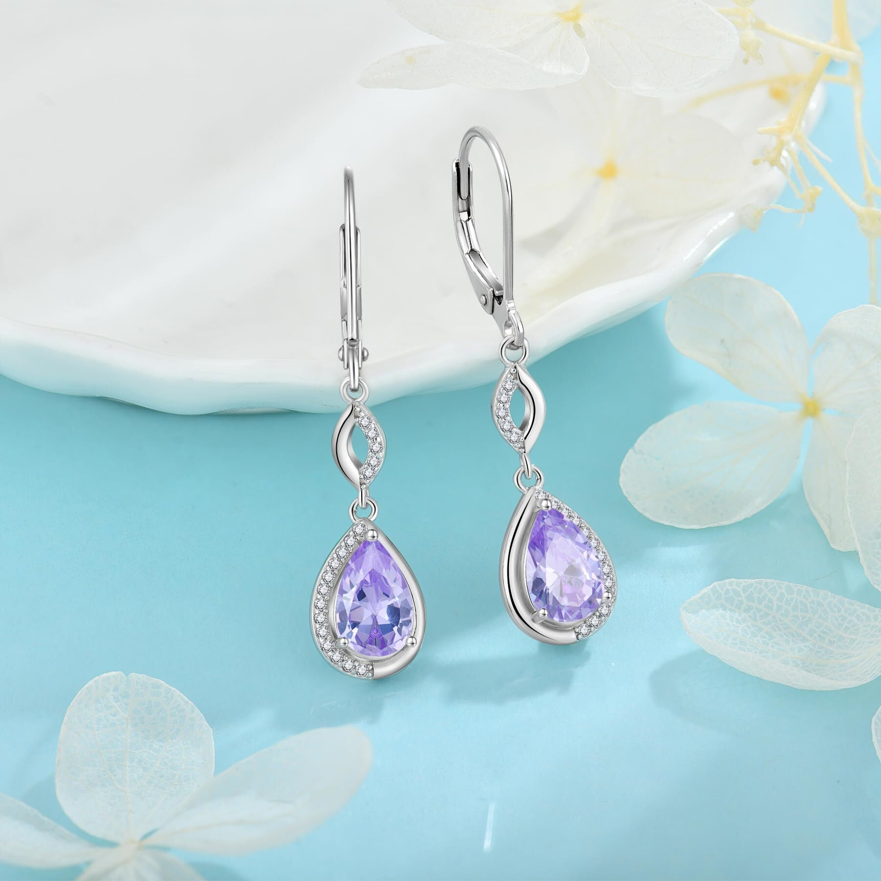 Inpasne Teardrop Dangle Drop Earrings for Women 925 Sterling Silver Leverback Alexandrite Earrings June Birthstone Jewelry Gifts for Mom Her Wife Girlfriend