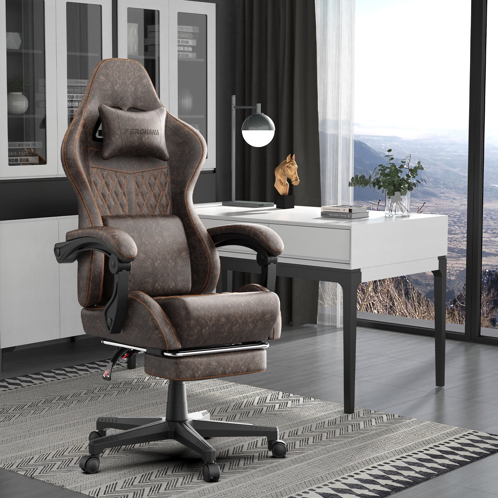 SOONTRANS Gaming Chair with Footrest, Computer Game Chair with Massage Lumbar Support & Headrest, High Back Vintage Office Game Chair for Adults, Brown