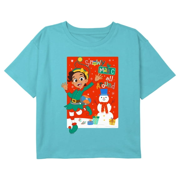Girl's Blippi Meekah Snowy Magic All Around Graphic Cropped T-Shirt Blue Small