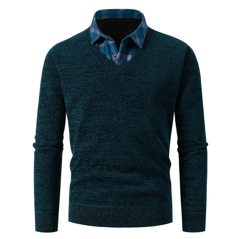 Mens Sweater Fake Two Piece Shirt Collar , Slim Fit Lightweight