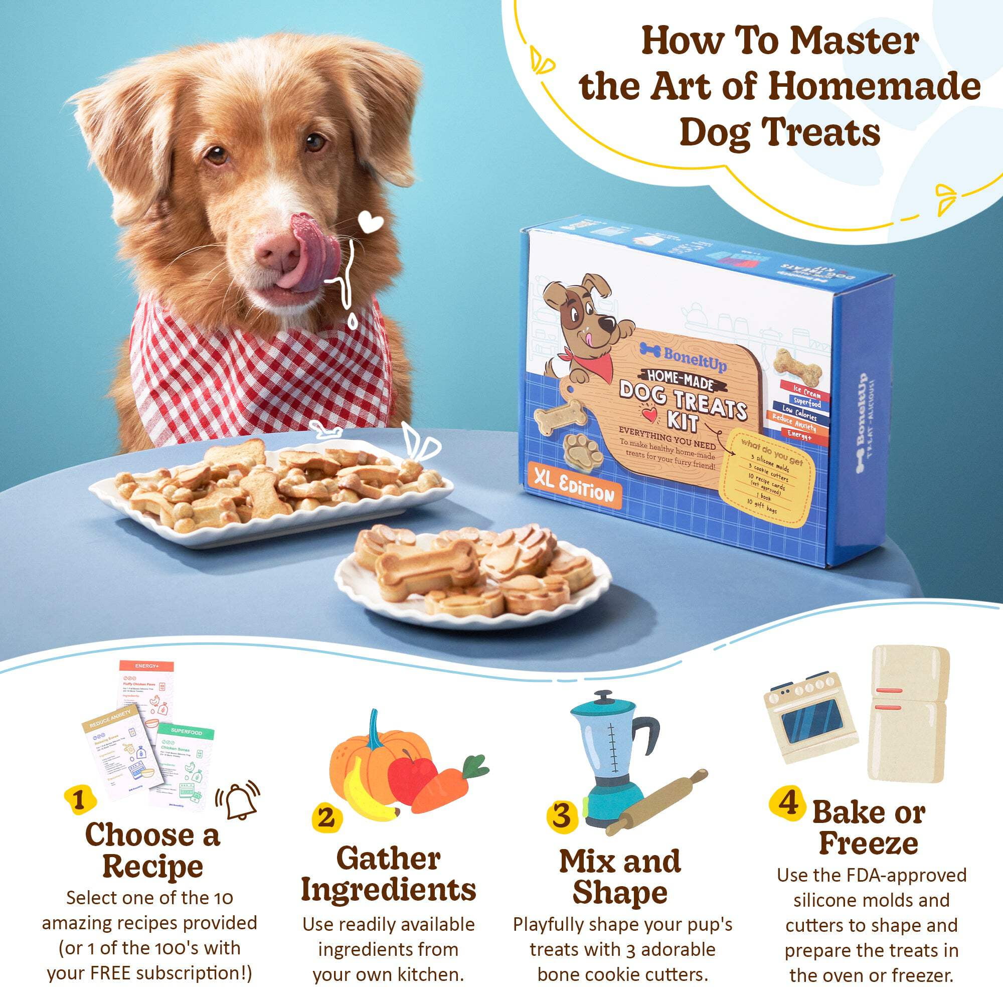 BoneItUp Homemade Dog Treat Mix – DIY Dog Treat Kit with Silicone Molds, Cookie Cutters, Recipe Book & Gift Bags – Bake Fresh Treats at Home, XL for Big Dogs