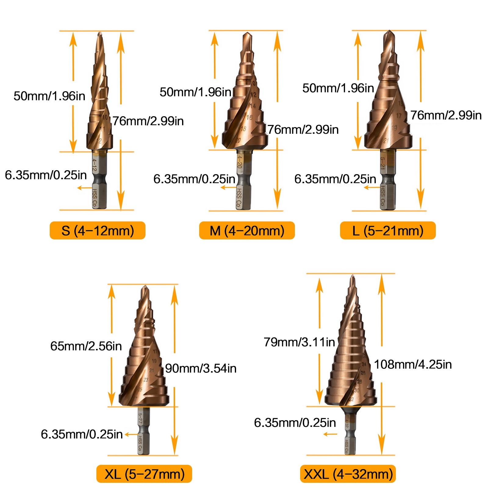 STONEGO 1PC HSS M35 Cobalt Step Drill Bit - High-Speed Steel with Taper Hexagon Shank, Sizes 4-12mm, 4-20mm, 5-21mm, 5-27mm, 4-32mm for Metal and Wood Drilling