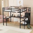 thumbnail image 3 of Full XL Size Loft Bed Metal Loft Bed With L Shaped Desk Stairs Wardrobe Heavy Duty Loft Bed Frame With Shelf LED Lights, 3 of 9
