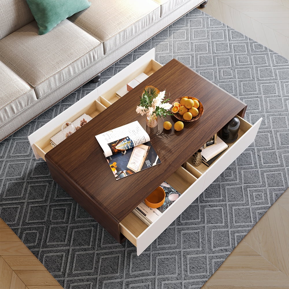 POVISON Modern Rectangular Coffee Table, Wood Coffee Table with Storage, 4 Solid Wood Drawers, Fully-Assembled, 51", Walnut White