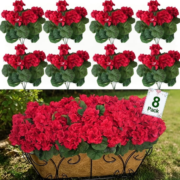 8Pcs 14.2-Inch Artificial Silk Red Geranium Christmas Bouquet Home Vase Decoration